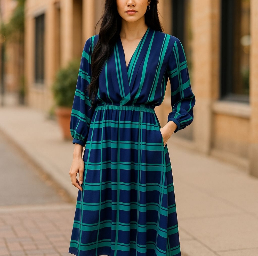 Vintage Secretary Blue and Green Bishop Sleeve  Dress